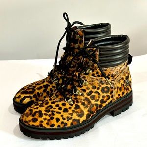 Timberland London Square Cheetah Print Calf Hair Combat Boots Size 7